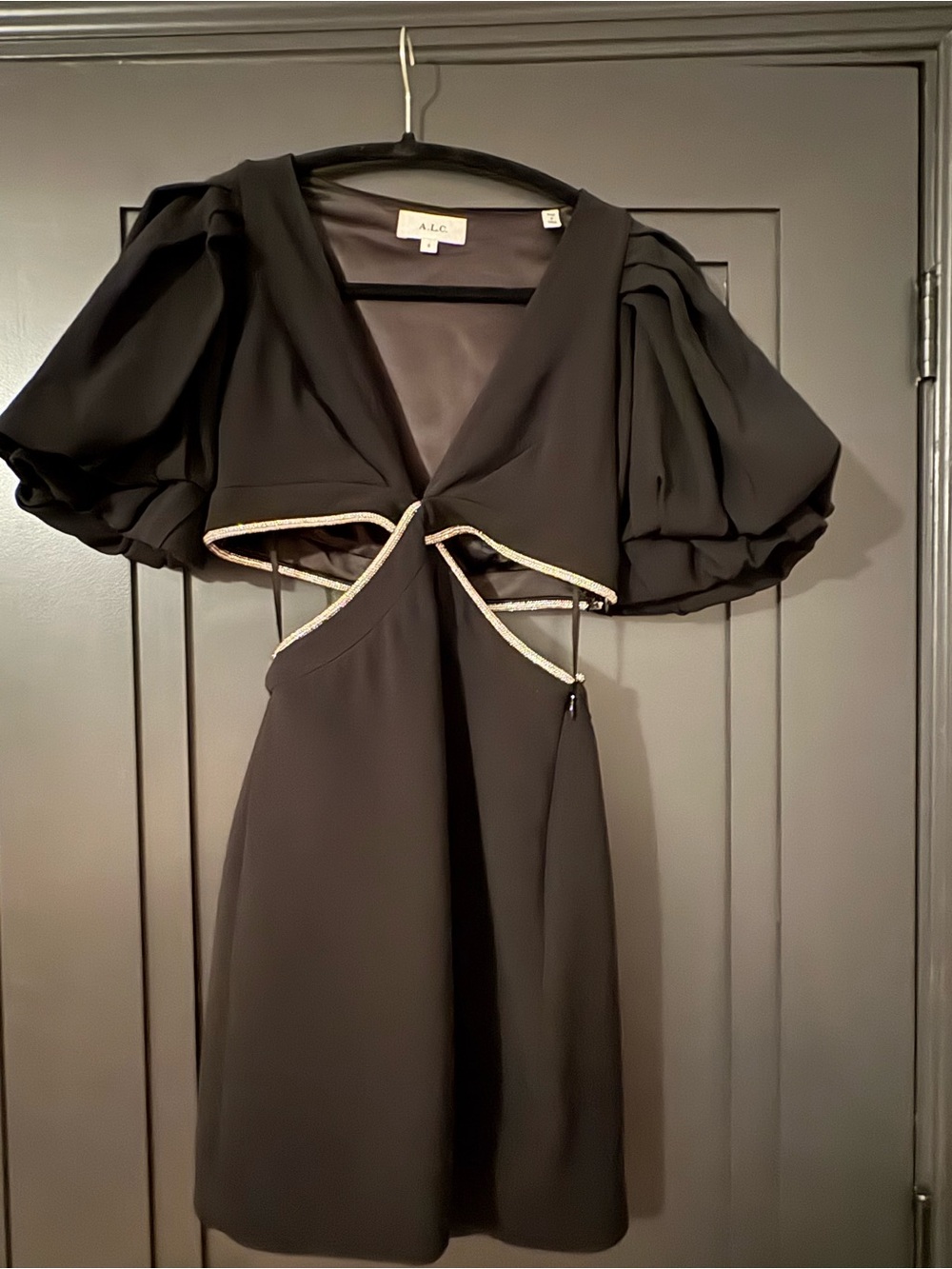 A.L.C. Black Mini Dress with Puff Sleeves and Metallic Trim